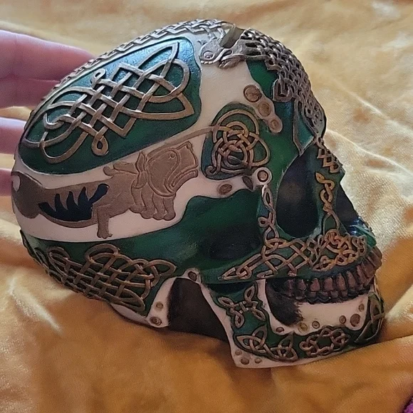 Carved Ceramic Skull with Celtic Designs - Picture 2 of 5